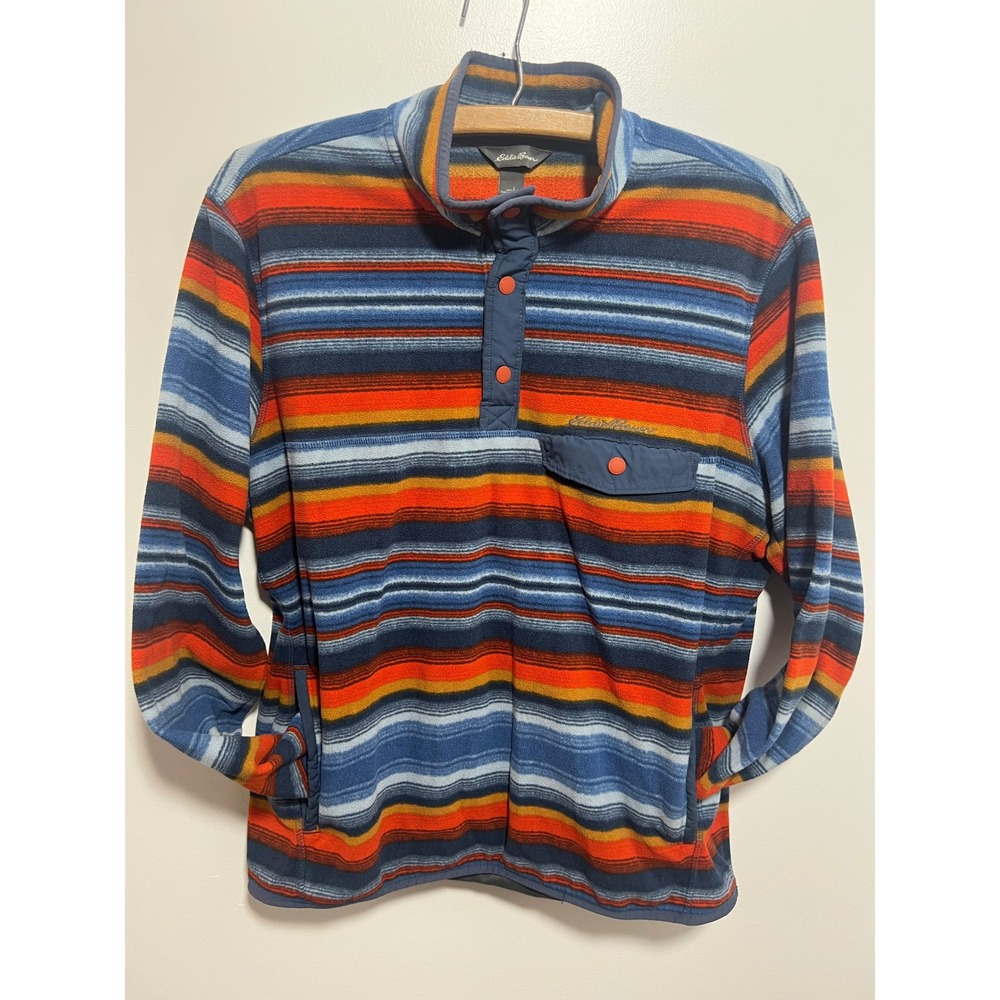 Eddie Bauer Mens Fleece Pullover Striped Snap Neck Blue Orange Large Jacket